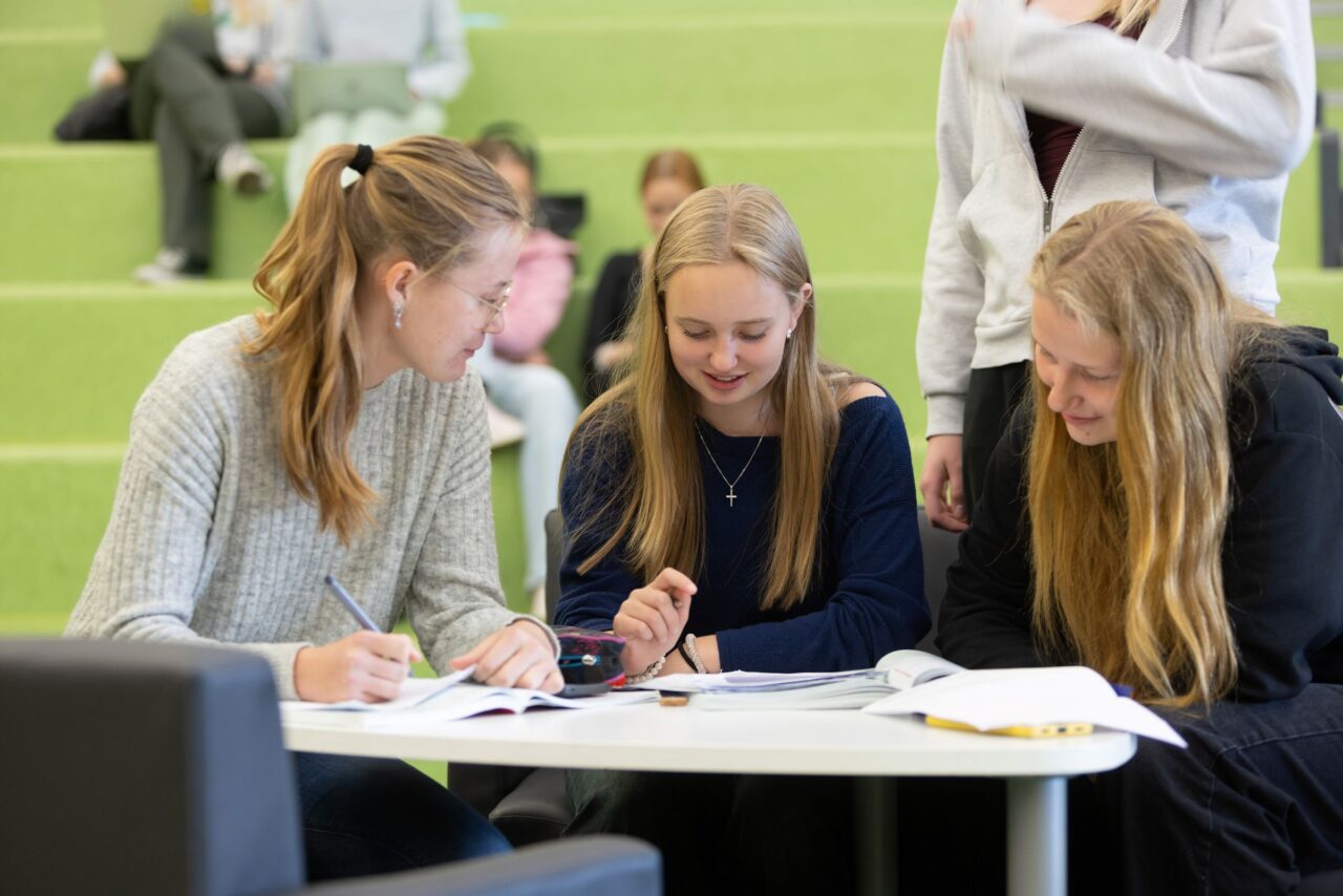 Kuva on koristekuva. Opiskelijoita yhdessä pohtimassa jotain tehtävää.